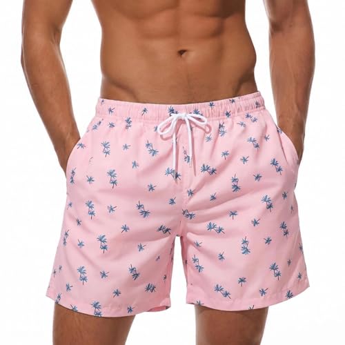 Mens Swim Trunks Quick Dry Bathing Surfing Board Drawstring Swimming Surfing Shorts with Pockets Beach Trunks Swimwear (UAE/KSA Alpha L Regular Regular Pink)