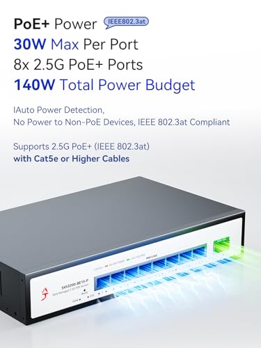 Image of 9-Port 2.5G Easy Managed PoE+ Ethernet Switch, IEEE8023af /at PoE 140W, VLAN /QoS /STP /IGMP /LACP Supported, Fanless 2.5Gb Network Switch for AP, VoIP Phone, IP Camera, NVR
