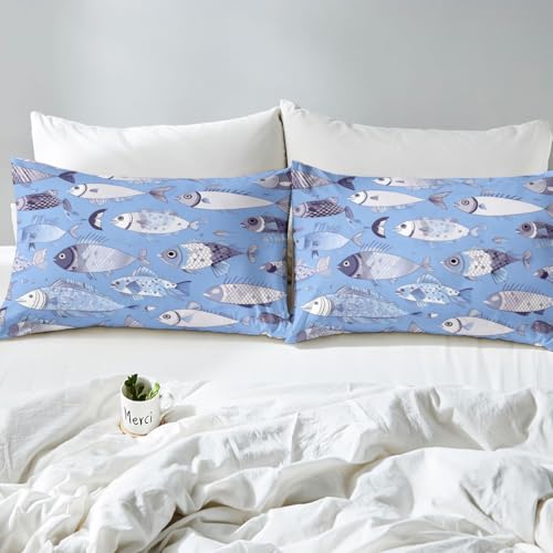 Image of jejeloiu Cartoon Fish Bed Sheets Sets King Size Kids Boys Girls Marine Theme Bedding Set Ocean Sea Animal Bed Sheet Set with 16-Inch Deep Pockets Blue 4Pcs with 2 Pillow Cases