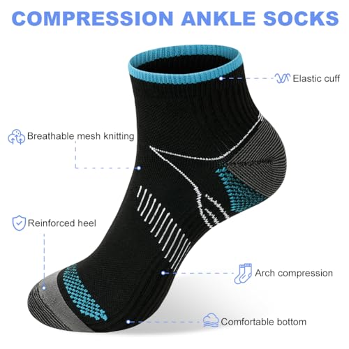 Fefod Calcetines de Compresión Cortos Hombre Mujer, 8 PCS Compresión Deportivos con Soporte el Arco, Calcetines Running Antiampollas, Compresión para Trabajo, Corriendo y Viajando, L/XL(Azul) - imagen 4