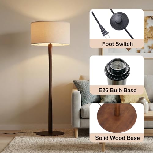 Image of 62 inch Tall Rustic Walnut Wood Floor Lamp with Large Linen Shade, Beige