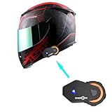 1Storm Motorcycle Full Face Helmet Skull King Matt Red HJK311 + One Extra Clear Shield + Motorcycle Bluetooth Headset