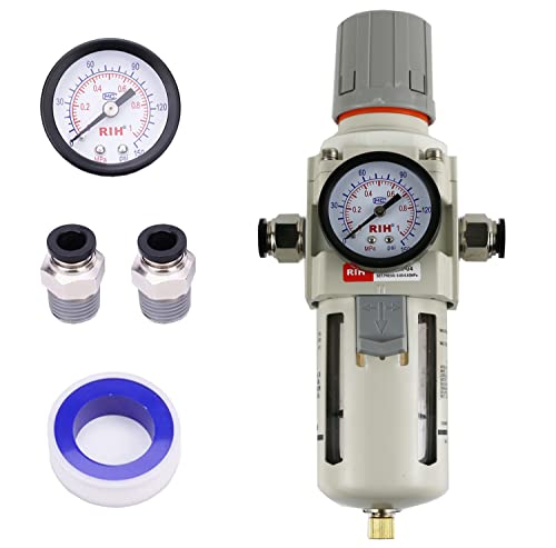 RIH Pneumatics 1/2"NPT Air Filter Pressure Regulator Combo Piggyback, 5 Micron Brass Element, Poly Bowl, Semi-Auto Drain, Metal Bracket, 0-150 psi Gauge Air Tool Compressor Filter with Gauge (1/2"NPT) by RIH - Used condition - US$31.59