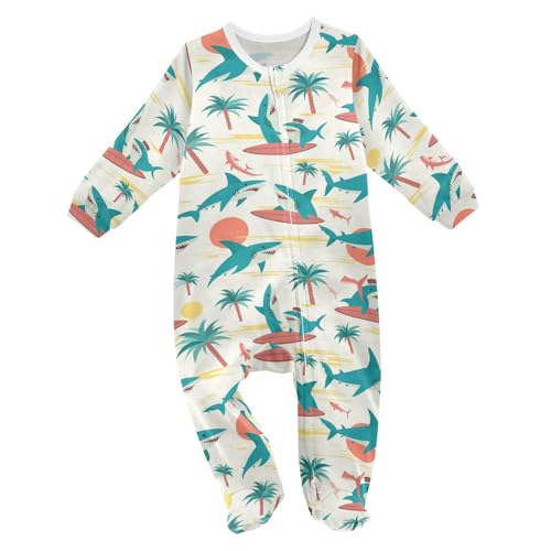 Wusikd Sharks Surfboards One-Piece Footies Palm Trees Bodysuit Rompers Zipper for Boys Girls 12M