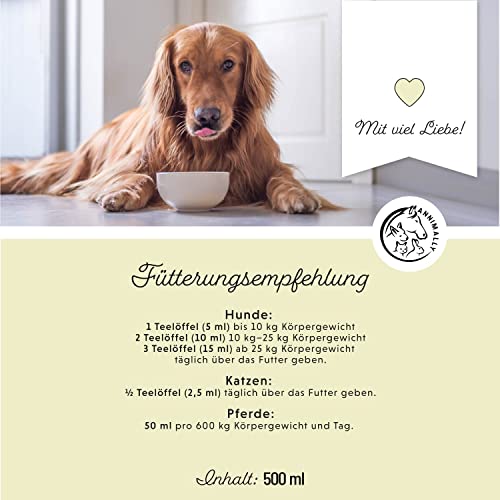 Annimally Leinöl für Hunde 500ml - Leinöl Hunde kaltgepresst reich an Omega 3 & 6 Fettsäuren & Vitamin B -Barf Öl für Hund, Katze und Pferd geeignet Reines Naturprodukt aus Deutschland - Leinöl Hund