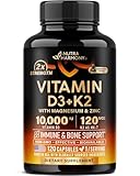Vitamin D3 K2 - Vitamin D3 10000 iu & K2 as MK-7 120 mcg - Immune & Mood Support, for Bone & Teeth Health - with Magnesium, Zinc & Vitamin C & B12 - Highly Bioavailable - Made in USA, 120 Capsules