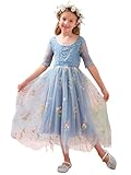 LalaMira Flower Girl Dress Floral Embroidered Tulle/Lace Dresses for Wedding Garden Party Girl's Fairy Dresses 3/4 Sleeves Dusty Blue-14 Years