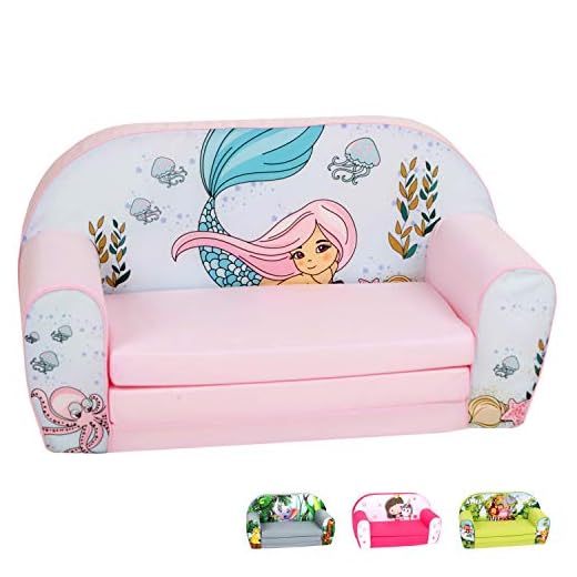 DELSIT Toddler Couch & Kids Sofa - European Made Children's 2 in 1 Flip Open Foam Double Sofa - Kids Folding Sofa, Kids Couch - Comfy fold Out Lounge (Mermaid)
