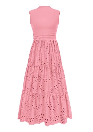 Image of PRETTYGARDEN Summer Dresses for Women 2026 Casual Eyelet Sleeveless Wedding Guest Maxi Dress Tank Top Sundress with Pockets
