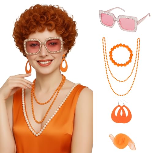 S-noilite Mrs Roper Wig,Short Orange Red Curly Wig for Women Halloween Cosplay with Orange Accessories 7pcs Set (Glasses, Scarf, Long Necklace, Bracelet, Earrings, Hairnet)