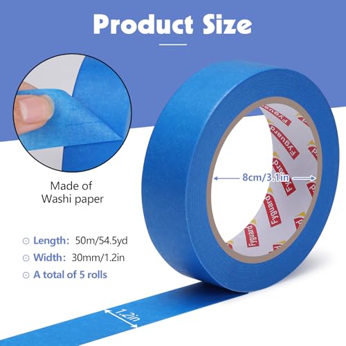 Fyguard 5 Rollen Blaues Abdeckband, 30mm x 50m Malerkrepp Papier Universal Kreppband für Scharfe Farblinien und Kantenbearbeitung, Rückstandsfrei