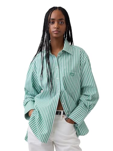 GAP Women's Embroidered Oversized Shirt, Green Stripe, Medium