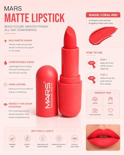 Image of Mars-Matte Creamy Lipstick | Non-drying, Highly pigmented Lipstick | Shade- multisades, 3.8gm| (Coral Orange)