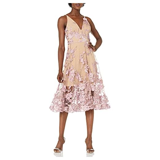 Dress the Population Women's Audrey Spaghetti Strap MIDI A-LINE 3D Floral Dress Dress, Lilac/Nude, XL