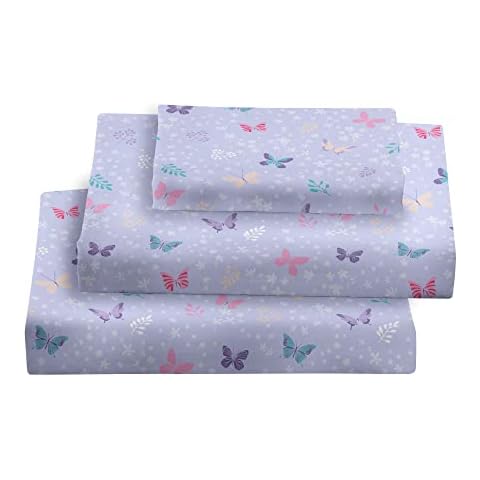 Viviland 3 Pieces Girls Light Purple Twin Sheet Set - Soft Microfiber Fitted Flat Sheets & Pillowcase - Butterfly Floral Printed Bedding Sets - for Kids & Toddlers Cover