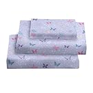 Viviland 3 Pieces Girls Light Purple Twin Sheet Set - Soft Microfiber Fitted Flat Sheets & Pillowcase - Butterfly Floral Printed Bedding Sets - for Kids & Toddlers