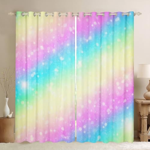 Homemissing Rainbow 30%-50% Blackout Curtains Tie Dye Pastel Window Curtains Stars Glitter Darkening Drapes for Bedroom for Kids Colorful Stripes Bedspread C Room Decor (2 Panels,W46*L54)