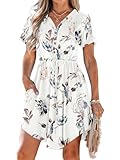 MISFAY Women Summer Dress Casual V Neck Short Sleeve Drawstring 2026 Mini Dresses with Pockets (Floral White,M)