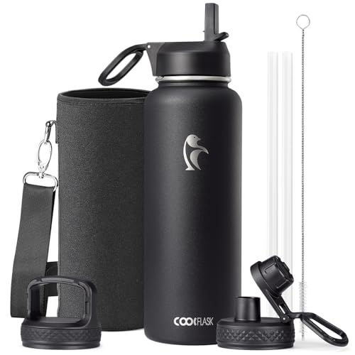 Image of Coolflask 40 oz Water Bottle Insulated with Straw & 3 Leakproof Lids