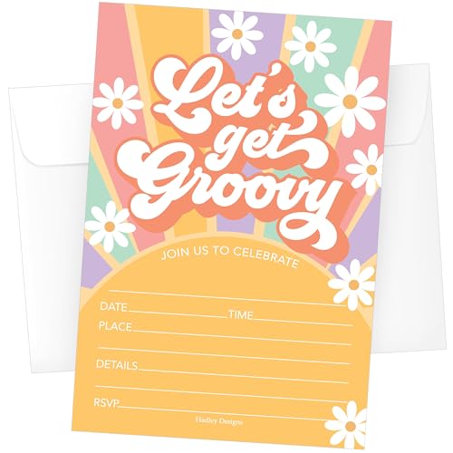 Invitations de fête d'anniversaire rétro pour filles thème hippie 15 cartes Hadley Designs
