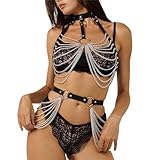FOCICE Harness Damen Leder Brustkette Brustfrei Dessous Ketten Bh Frauen Gothic Geschichtet Körperkette Oberkörper Body Chain Punk Körperketten Fetisch Kleidung Rave Festival Outfit Accessoires