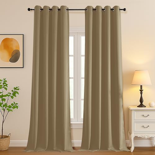 Image of Simplebrand Taupe Room Darkening Curtains for Bedroom Living Room 108 Inches Long 2 Panels Set, Thermal Insulated Curtains & Drapes, Solid Grommet Noise Reducing Window Treatment, W50 x L108 Inch