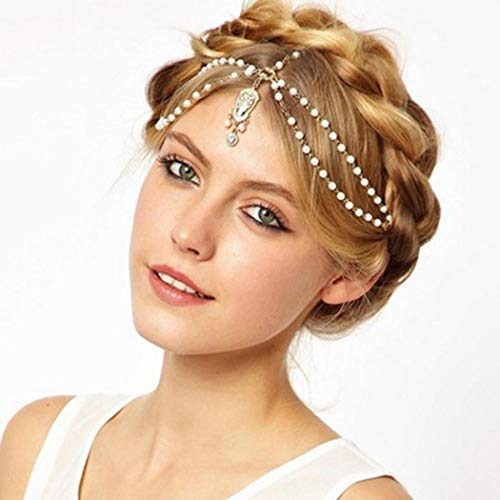 Dreamyn Boho Crystal Head Chain Gold Pearls Hair Chain Wedding Bride Layered Headpiece for Women and Girls