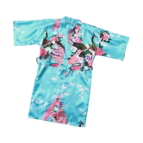 Toddler Baby Kid Floral Silk Satin Kimono Robes Bathrobe Sleepwear Clothes for Girls Boys Sky Blue
