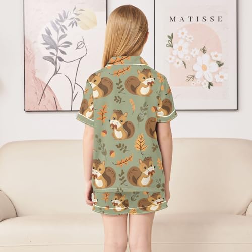 ALAZA Squirrel Animal Leaf Pajamas Satin Pajama Set Short Sleeve Button Down Sleepwear4