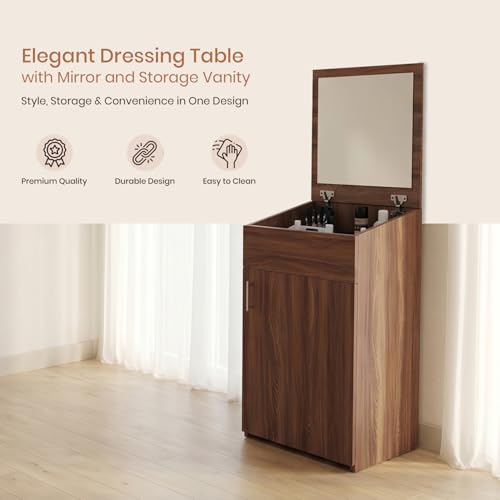 Image of FURNIFLIX Engineered Wood Home Dressing Table with Mirror and Storage Vanity Unit for Bedroom Living Room (Walnut Finish)