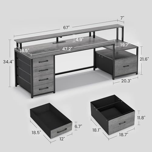 Image of SEDETA Home Office Desk with File Drawer & Power Outlet, 66'' Computer Desk with 5 Drawer, Storage Shelves, Printer Cabinet and Monitor Shelf, Gaming Desk with Led Lights, Grey