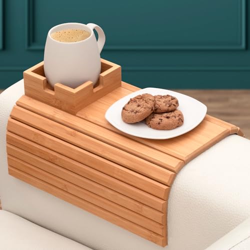 Bamboo Couch Tray & Armrest with Cup Holder - Versatile Drink & Snack Holder for Couch Recliner or Loveseat