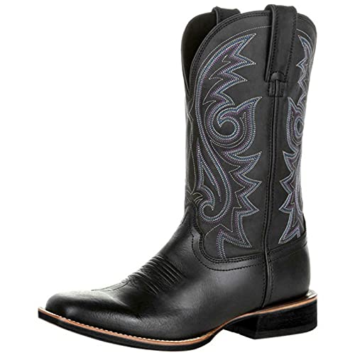 Western Boots Cowboy Boots for Men Square Toe Work Boots Chunky Heels Embroidered Western Boots Wide Calf Waterproof Leather Traditional Country Boot