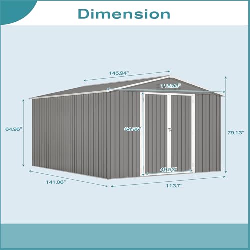 Image of YOPTO 10x12 FT Outdoor Storage Shed with Floor Frame Kit,Metal Shed W /Double Lockable Doors,Garden Tool Storage House W / 4 Air Vents & Sloped Roof,for Backyard,Patio,Lawn,Gray