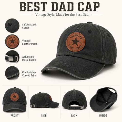 Image of Dad Hat for Men, Washed Cotton Baseball Cap with Brown Leather Patch, Adjustable