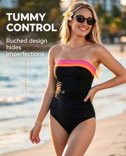 Image of Daci Women Strapless Tankini Tummy Control 2 Piece Bandeau Swimsuit | Full Coverage,Removable&Adjustable Straps,Built-in Soft Unremovable Bra,Ruched Tummy Control,Mid Waist Bottom,Fully Lined