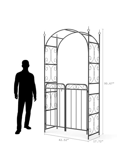 8FT Black Garden Arch with Gate - Heavy-Duty Metal Arbor for Wedding ...