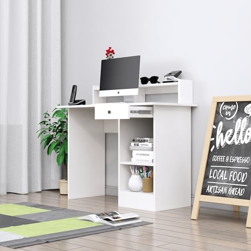 Image of Bniture Wooden Study Table for Home | Engineered Wood Study Table with Book Shelf | Multi Purpose Computer Desk for Study & Writing | Laptop Table for Home with Drawers & Storage Shelf | Frosty White