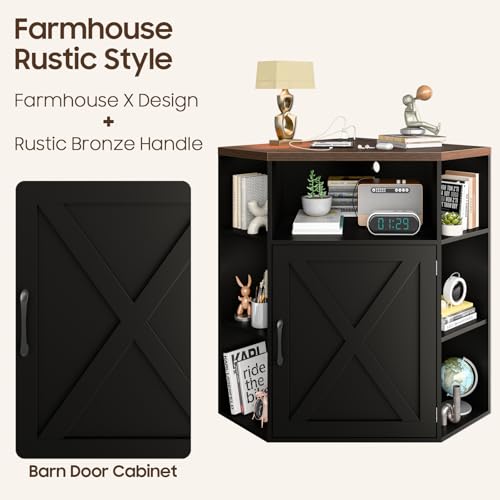 Image of Halitaa Corner Storage Cabinet, Farmhouse Corner Bookshelf with Storage 6-Cubby Wooden Cabinet with USB Ports and Outlets Industrial Organizer for Small Space, Study, Playroom, Black and Brown