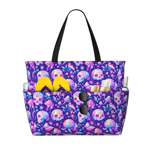 Large Beach Bags Water-resistant Sandproof - colorful mushroom Skull rainbow Cute Beach Tote Bags for Women with Zipper