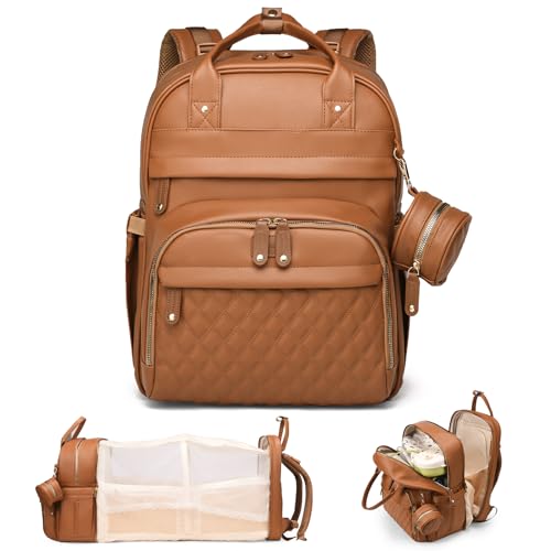 Image of AHNTTGS Leather Diaper Bags with Changing Station,Baby Bag,Large Capacity Diaper Bag Backpack for Moms Dads,Waterproof Diaper Backpack(Brown)