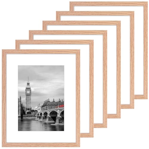 Fixwal 8x10 Picture Frame Set of 6 with Shatter Resistant Plastic Glass Thin Border and Light Weight Photo Frames for Wall or Tabletop Display Natural