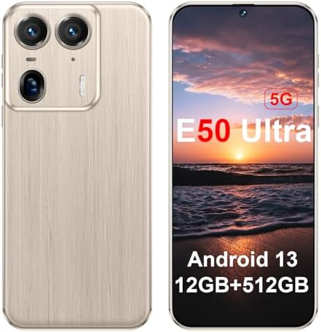 E50 Ultra 5G Unlocked CellPhones 2025 Android 13 Android Phone 6.8-inch HD Screen 48MP+108MP Camera 12GB+512GB 10-Core Smartphone 6800 mAh Long Battery Dual SIM(Golden)