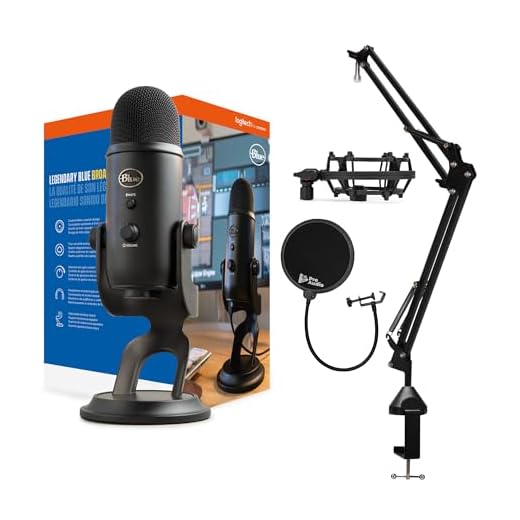 Blue Yeti Microphone (Blackout) with Knox Boom Arm Stand, Pop Filter and Shock Mount Bundle, USB
