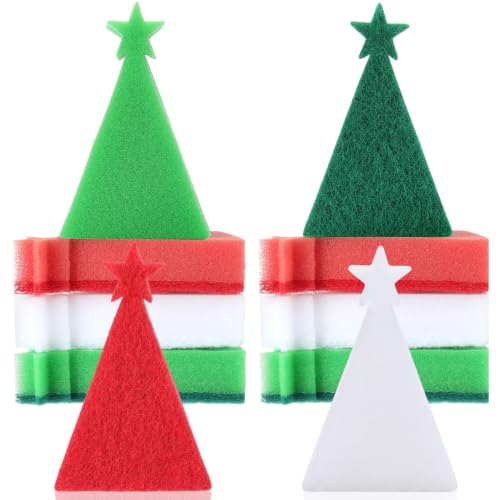 Image of Tioncy 12 Pack Christmas Tree Kitchen Sponges Bulk Red Green and White Dual Sided Scrubber Sponges Dishwashing Kitchen Cleaning Accessories for Household Supplies(4.33 x 2.76 x 0.98 Inches)