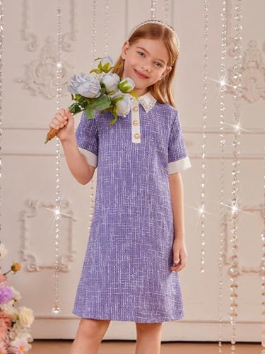 WDIRARA Girl's Pearls Trim Tweed Contrast Collar Button Front Short Sleeve Casual Dress3