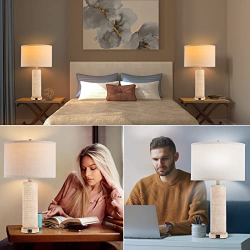 Set Of 2 Contemporary Table Lamp, Ceramic Bedside Lamps With 3 Color Temperature, 27.5'' Nightstand Lamp Sets With Usb Ports Linen Fabric Shade End Table Lamps For Living Room Bedroom, Bulb Included #TOP6