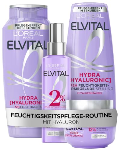 LOréal Paris Elvital Haarpflege-Routine für feuchtigkeitsbedürftiges Haar: Hydra Hyaluronic Set mit Hyaluronsäure Shampoo 300ml Spülung 250ml Serum 150ml und Maske 300ml