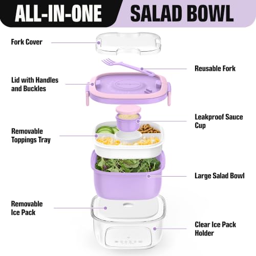 Image of Salad Container with Ice Pack & Handle, 6.8 Cup / 1600ml Large Portable Salad Bowl Lunch Box with Lid, Fork Holder & Sauce Cup, 4-Compartment Removable Tray Meal Prep Bento Box, Purple