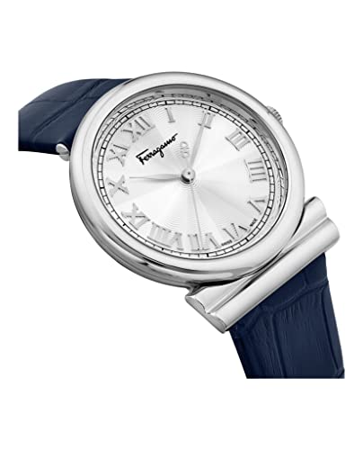 Ferragamo Womens Swiss Made Watch Gancino Collection Featuring Adjustable Blue Leather Strap With White Guilloche Dial And Stainless Steel Details Swiss Quartz Movement #TOP7